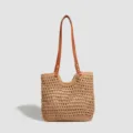 Sac cabas d'été en paille tressée grande capacité sac bandoulière en cuir pour femmes - S / Kaki