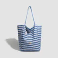 Sac cabas en toile à rayures bleu et blanc, grand sac à épaule décontracté pour femme. - Bleu