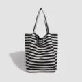 Black and white striped canvas tote bag, large capacity casual shoulder bag for women. - Black