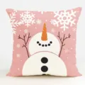 Pink Christmas snowman cushion cover detail showcasing cute winter snowflake pattern texture. - B20260915 -8