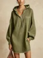 Olive green linen hooded tunic dress detail view with white piping and long sleeves. - S / Dresses / Olive