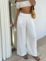 Damen weiße Freizeit Weites Bein Hosen Hohe Taille gesmokt Urlaub Strand Sommer Hose - S / Weiß