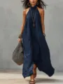Dark blue halter maxi dress detail, showing soft wrinkle texture and elegant backless cut. - Navy Blue