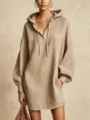 Detailed view of the women's casual linen hooded long-sleeve dress with white piping. - S / Dresses / Khaki