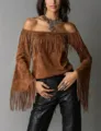 Western vintage fringe off-shoulder top for women faux suede bell long sleeve shirt detail view. - S / Brown