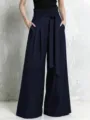 Stylish high-waisted cotton linen wide leg trousers for women with paperbag waist and belt. - S / Navy Blue