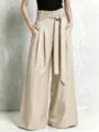 High-waisted linen wide-leg pants for women featuring paperbag waist, pleats, and chic tie belt. - S / Khaki