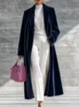 Velvet long coat for women, elegant winter outerwear, autumn fashion apparel detail view. - S / Navy Blue