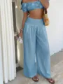 Damen hohe Taille weite Beine Freizeithose hellblau Urlaub Stil lose lange Hosen - S / Blau