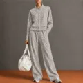 Modisches Graues Leopardenmuster Stehkragen Jacke Und Weite Hosen Set Für Damen - S / Grau