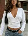 Women's Sexy Deep V-Neck Long Sleeve Cropped T-Shirt Fall Casual Slim Fit White Top - S / White