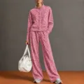 Rosa Leo-Print Knopfjacke und weite Hosen Loungewear Set für Damen im Herbst. - S / Fuchsia