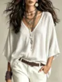 Womens casual loose V-neck linen blouse autumn 3/4 sleeve top white front main view - XS / White
