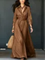 Brown cotton linen long sleeve shirt dress maxi casual waist belt elegant fall outfit - Dark Brown