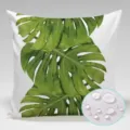 Waterproof monstera leaf throw pillow detail showing water resistant fabric with droplets. - 90g Waterproof Polyester Fabric 45x45cm Single-Sided Print (Without Core) / Monstera Leaf Style