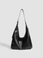 Sac bandoulière hobo souple vintage noir, grand cabas fourre-tout casual quotidien. - Noir