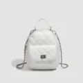 White quilted mini backpack with metal chain straps stylish women daypack casual hand bag - L / White