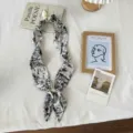Black and white printed skinny scarf twilly with cute pendant for women fashion accessory. - White
