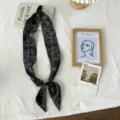 Black silk twilly scarf with elegant retro print, chic neck accessory for women daily. - Vintage
