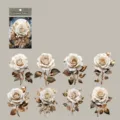 PET transparent laser sticker pack featuring elegant white and gold rose designs, 8pcs set. - Moonlight Shadow