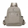 Detailed view of the stylish vintage monogram print women's fashion casual backpack. - Khaki