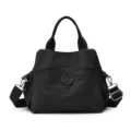 Black casual nylon shoulder handbag, stylish large capacity commuter tote bag with straps. - Black