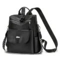 Black soft leather casual women backpack with ethnic wide strap and anti-theft pockets. - Black