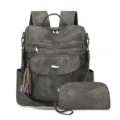 Women Grey Retro Backpack Set, Vintage Washed Canvas Travel Daypack with Matching Clutch - Black