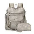 Grey vintage women backpack and clutch set, retro PU leather casual travel school bag. - Gray