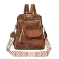 Women vintage brown printed backpack tassel casual school shoulder bag stylish daypack - Dark Brown