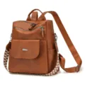 Brown PU leather backpack for women, stylish vintage anti-theft design with ethnic wide strap. - Brown