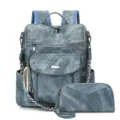 Grey retro distressed denim women backpack two-piece set, casual travel school book bag. - Blue