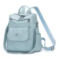 Stylish soft leather women's backpack with ethnic wide strap casual daypack light blue - Light Blue