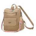 Women backpack casual anti-theft daypack with colorful embroidered wide strap beige - Khaki