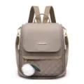 Khaki quilted Oxford cloth women backpack casual travel daypack with plush pompom - Khaki