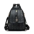 Stylish women vintage leather backpack black commute schoolbag with monogram print. - Black