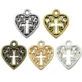 5pcs Antique Alloy Heart Cross Charms DIY Jewelry Pendants Assorted Metallic Finishes - Hollow Heart Floral Cross (16x14mm)