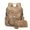 Retro distressed women backpack two piece set travel school casual chic daily shoulder bag - Brown