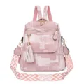 Pink women's convertible backpack vintage casual shoulder crossbody bag with tassel - Pink