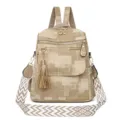 Korean retro canvas backpack for women stylish geometric shoulder bag with wide strap - Khaki
