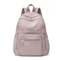 Casual pink nylon backpack for women, waterproof travel bookbag with multiple zipper pockets. - Pink