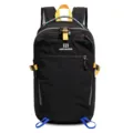 Black outdoor hiking backpack with vibrant yellow and blue accents, large capacity for travel. - Black
