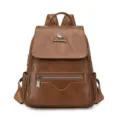Fashionable Women Brown PU Leather Casual Backpack Large Capacity Travel School Bag - Tan