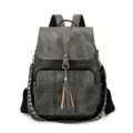Retro washed fabric women backpack large capacity travel casual daypack with tassel charm - Black
