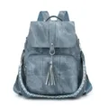 Vintage washed fabric backpack for women, large capacity travel bag with stylish woven straps. - Blue