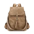 Retro washed canvas backpack for women, large capacity travel bag with ethnic woven strap. - Brown