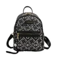Women mini backpack in black and white geometric pattern with stylish front tassel and pockets. - Black