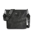 Classic dark grey soft leather shoulder bag with wide geometric pattern strap for daily use. - Black