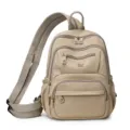 Casual khaki nylon women backpack with multi pockets, waterproof and lightweight for daily use. - Khaki