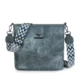 Stylish women's shoulder crossbody bucket bag with wide geometric strap and soft leather. - Blue
